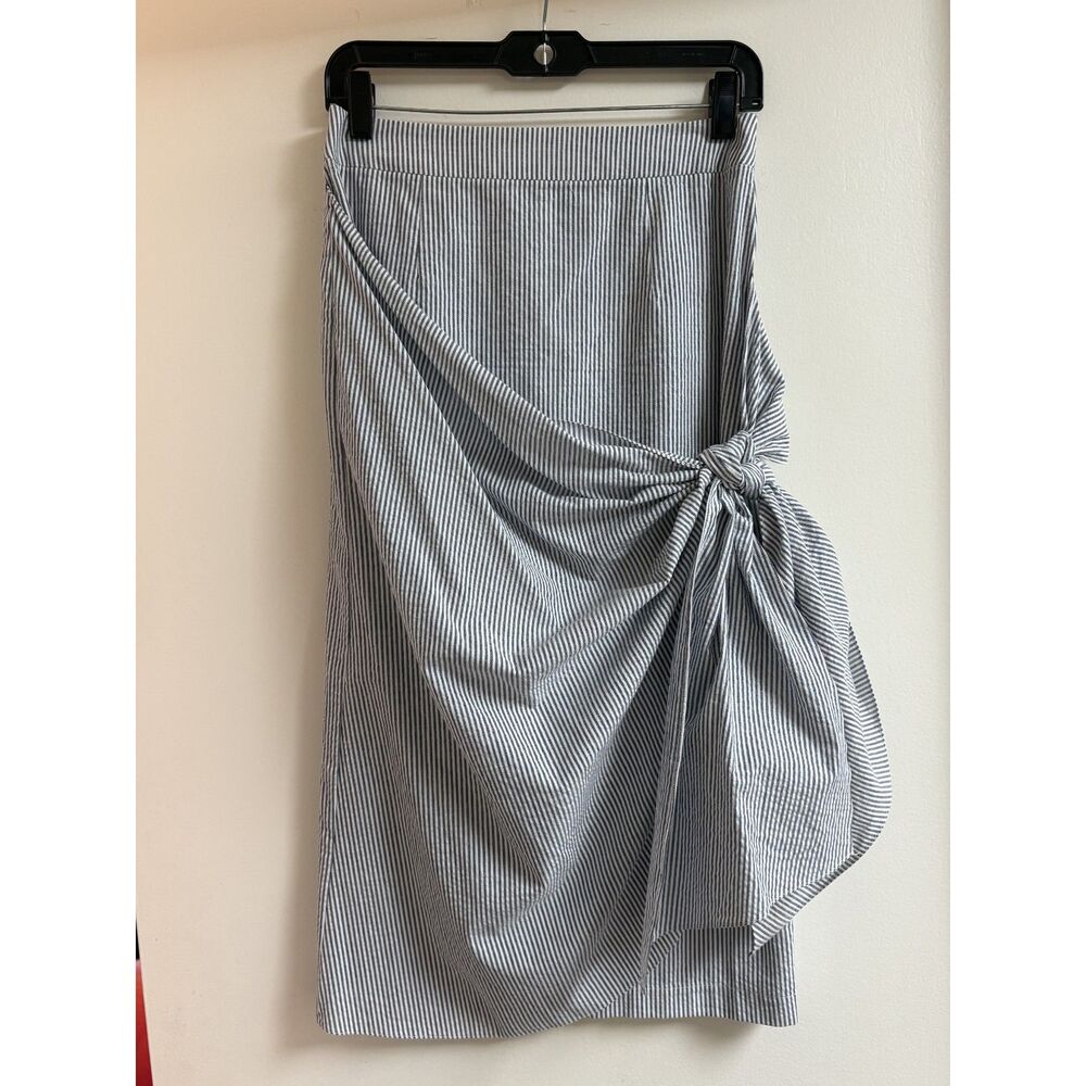 Blue Cotton Pinstripe Pencil Skirt S 4 Boutique Wrap Sarong Midi Bow Tie Summer - Picture 3 of 10